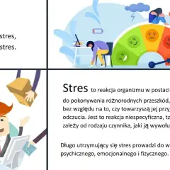 Ilustracja przedstawia schemat stresu z wskaźnikiem emocji i zestresowanego pracownika.