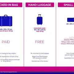 Wizzair: dokupienie bagażu rejestrowanego. Tabela porównuje bagaż rejestrowany (płatny), podręczny (bezpłatny) i małą torbę.