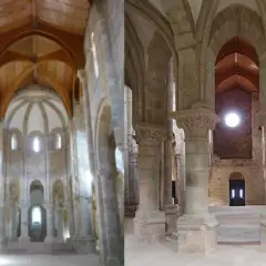 Interior del monasterio de Carboeiro, con arcos de piedra, bóvedas y un techo de madera.