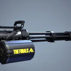 Czarny minigun na strzałki z żółtym napisem "THE FINALS" na magazynku.
