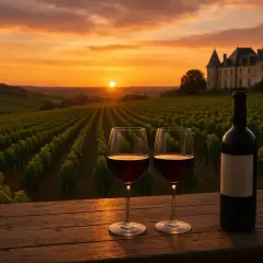 Un coucher de soleil doré sur un domaine viticole de Bordeaux, avec deux verres de vin rouge et une bouteille sur une table en bois.