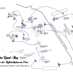 Karte zeigt die Nazca-Linien in Peru: Kolibri, Kondor, Affe, Hund, Spinn, Baum, Hände, Astronaut, Wal, Papagei, Albatros.