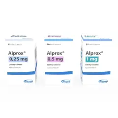 Trzy opakowania leku Alprox o różnych dawkach: 0,25 mg, 0,5 mg i 1 mg. Każde zawiera 30 tabletek.