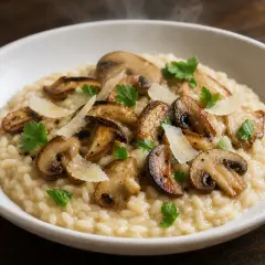 Un crémeux risotto champignon, garni de champignons poêlés, de copeaux de parmesan et de persil frais. Vapeur s'échappe.