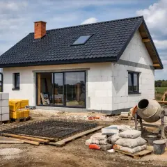 Budowa domu w toku. Beton, bloczki i zbrojenie czekają na dalsze prace. Zastanawiasz się, ile kosztuje pozwolenie na budowę?