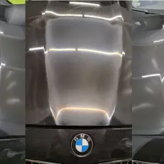 Porównanie maski BMW: przed polerowaniem widać rysy, po - idealny połysk. Dowiedz się, ile kosztuje polerowanie auta u lakiernika.