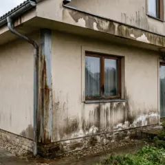 Brudna elewacja domu z zaciekami i odpadającą farbą. Widać rynny i okna. Potrzebna renowacja, być może z użyciem żywicy elewacyjnej.