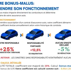 Schéma expliquant le système bonus-malus : un sinistre responsable entraîne une augmentation tarifaire, une responsabilité partagée une majoration, et aucun sinistre déclaré une réduction.