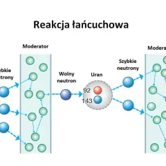Schemat ilustruje reakcję łańcuchową: neutron uderza w jądro uranu, wywołując jego rozszczepienie i emisję kolejnych neutronów, które mogą inicjować dalsze rozszczepienia.