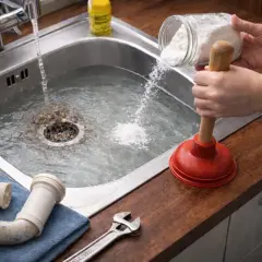 Jak odetkać mocno zatkany zlew? Wsypywanie sody do wody w zlewie, obok czerwona przepychaczka i klucz.