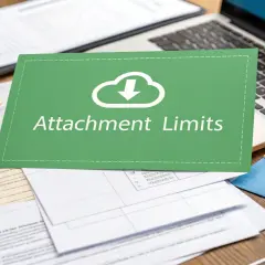 Tarjeta verde con "Attachment Limits" y nube con flecha. Pregunta: ¿cuantos megas se pueden enviar por Outlook?