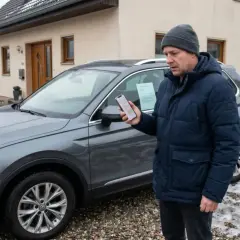 Mann mit Handy vor Auto, informiert sich über sein Widerrufsrecht beim Online-Kauf.