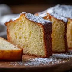 Tranches d'un délicieux gâteau moelleux saupoudré de sucre glace sur une planche en bois.