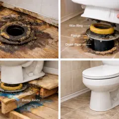 Images show a damaged toilet flange and subfloor, a new wax ring being installed, and the final result of a toilet wax ring replacement.