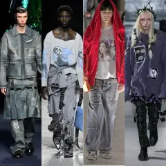 Modelos lucen atuendos con estética **grunge**: pantalones anchos, chaquetas vaqueras, prendas rasgadas y estampados llamativos.