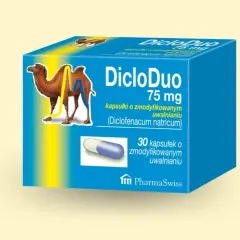 Opakowanie DicloDuo 75 mg z wielbłądem. Pomaga na ból i stany zapalne.