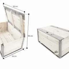 Otwarta i zamknięta drewniana skrzynia z wymiarami: 93x54x39 cm, waga 17 kg. Idealna do przechowywania.