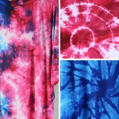 Batik-Anleitung: T-Shirt mit pink-blauen Mustern, Detailaufnahmen von roten und blauen Batik-Kreisen.