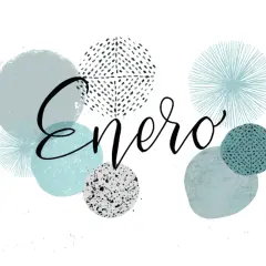 Enero con letras bonitas, rodeado de círculos y formas abstractas en tonos azules y grises.