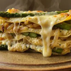 Pyszne, gorące warstwy lasagne z szparagami i ciągnącym się serem, podane na brązowym talerzu.
