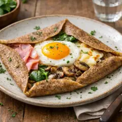 Une galette garnie d'un œuf au plat, de jambon, de champignons et d'épinards. Un délice de crêpes salées !