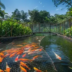 Un étang luxuriant abrite une multitude de poissons koïs colorés, certains pris dans un filet, d'autres nageant librement. Ces poissons, qui se nourrissent de poissons, évoluent dans un décor tropical verdoyant.