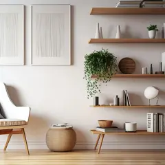 Ein modernes Wohnzimmer mit einem weißen Sessel und einem offenen Regal dekorieren. Bücher, Pflanzen und Deko-Objekte zieren die Regale.