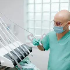 Dentysta w masce i okularach trzymający narzędzie przy unitu stomatologicznego.
