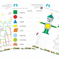 Kolorowe figury geometryczne na kartach pracy: kwadraty, koła, trójkąty, prostokąty, romby, pięciokąty, sześciokąty i trapezy.