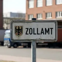 Tablica "ZOLLAMT" z godłem Niemiec przed budynkiem i ciężarówkami. Tu sprawdzany jest cło.