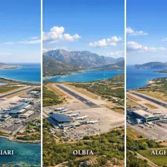 Trzy lotniska na Sardynii: Cagliari, stolica Sardynii, Olbia i Alghero, z widokiem na morze i góry.