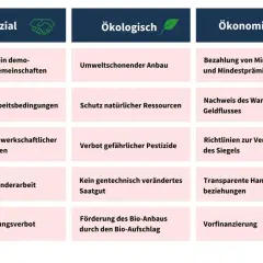 Die Tabelle zeigt, ob ist fairtrade wirklich fair: sozial (Demokratie, faire Arbeit, keine Kinderarbeit), ökologisch (Umweltschutz, keine Pestizide) und ökonomisch (faire Preise, Transparenz).