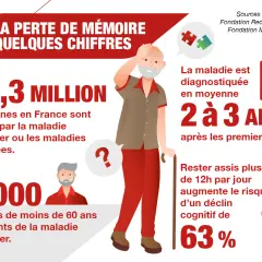 Infographie sur la perte de mémoire : 1,3 million de personnes touchées en France. Aide à la compréhension du test mémoire personne agée.