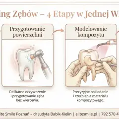 Bonding zębów: konsultacja, przygotowanie, modelowanie kompozytu i polerowanie. Zabieg nie niszczy zębów, a jedynie je upiększa.