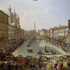 Piazza Navona prima e dopo: una vivace scena romana con carrozze, folla e fontane, un'istantanea di vita e architettura.