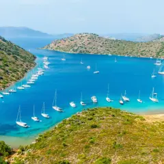 Zatoka pełna żaglówek i jachtów, z zielonymi wzgórzami w tle. Idealne miejsce na wakacje, niedaleko Bodrum lotnisko.