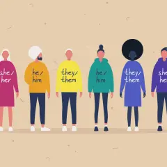 Sei persone con pronomi diversi: she/her, he/him, they/them.