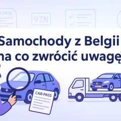 Jak sprawdzić auto z Belgii? Ilustracja pokazuje mężczyznę z lupą badającego samochód i dokument Car-Pass.