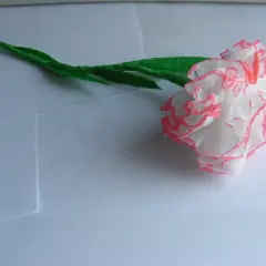 Delikatne kwiaty z papieru toaletowego, białe z różowymi brzegami, na zielonej łodyżce.
