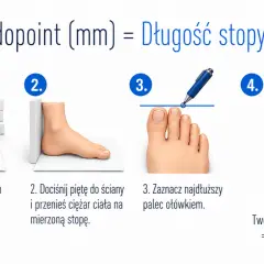 Instrukcja mierzenia długości stopy: postaw stopę na kartce przy ścianie, dociśnij piętę, zaznacz najdłuższy palec. Twój rozmiar stopy to Mondopoint 270 mm.