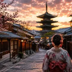 Zachód słońca w Kioto, kobieta w kimonie na tle pagody. Zastanawiasz się, ile kosztuje wycieczka do Japonii?