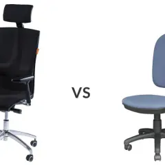 Dwa krzesła biurowe: czarne, ergonomiczne z zagłówkiem i niebieskie, standardowe. Jakie krzesło do biurka wybrać?