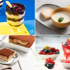 Varietà di dolci freddi: coppette con frutti di bosco, tiramisù e crema.