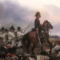 Soldados en formación, con un estandarte y un oficial a caballo, en medio de la **batalla de Bailén**. Cuerpos yacen en el suelo.