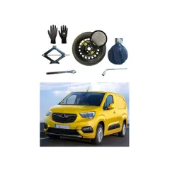 Kit para sacar rueda repuesto Opel Combo: gato, llave, guantes y funda para neumático.