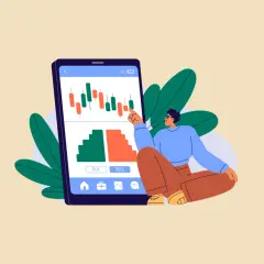 Ilustracja mężczyzny analizującego wykres giełdowy na telefonie.