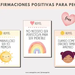 Tarjetas con frases positivas para niños de infantil: "Es maravilloso ser yo mismo/a", "No necesito ser perfecto/a para ser increíble", "Cuando cometo errores también aprendo".
