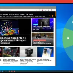 Strona benchmark.pl z recenzjami sprzętu. W tle okno z ikonami, przypominające menu AnyDesk.