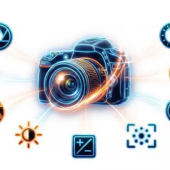 Stylizowana fotografia produktowa aparatu z ikonami ustawień: przysłona, ISO, balans bieli, ekspozycja, tryby fotograficzne.