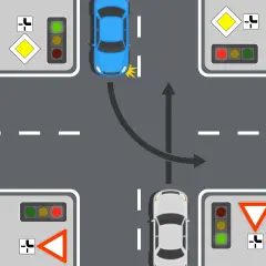 Kreuzung mit Ampel und Verkehrszeichen. Ein blauer PKW biegt ab, während ein weißer PKW geradeaus fährt.